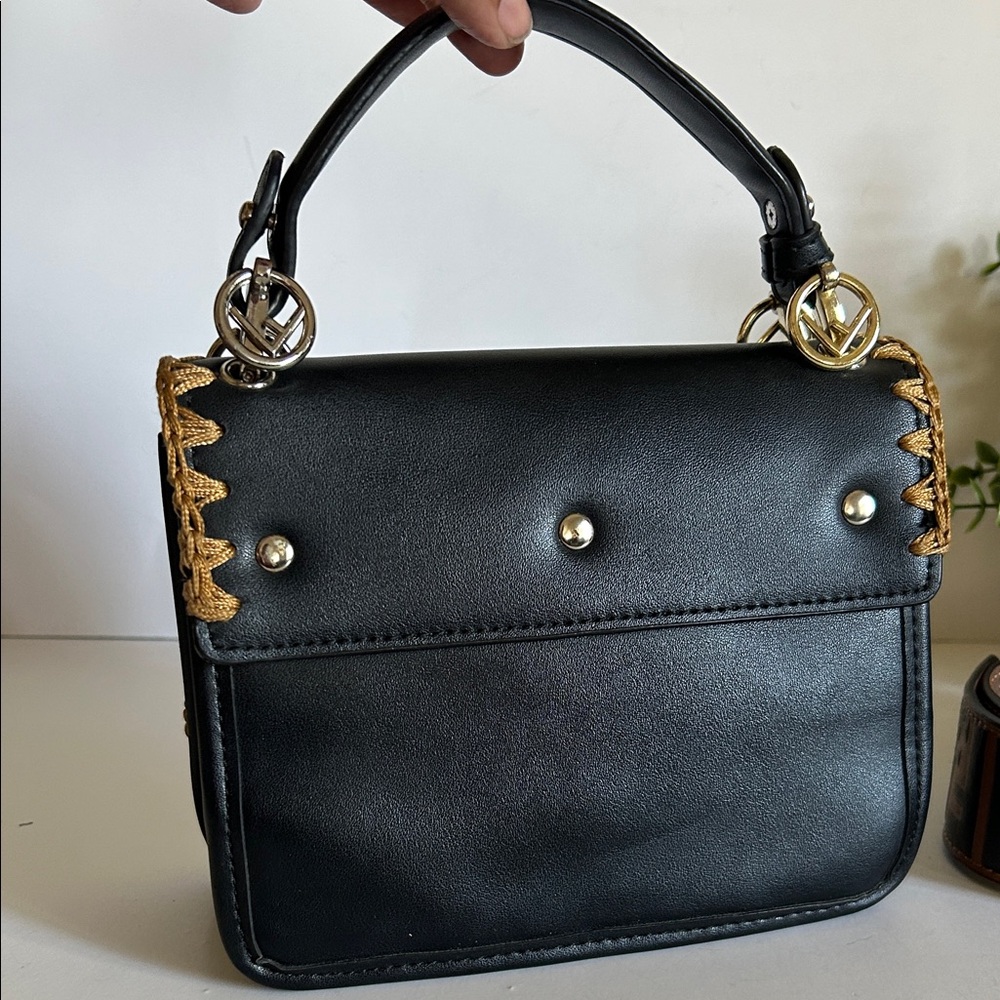 Black and Brown Shoulder Bag with Gold Accents - Picture 7 of 17